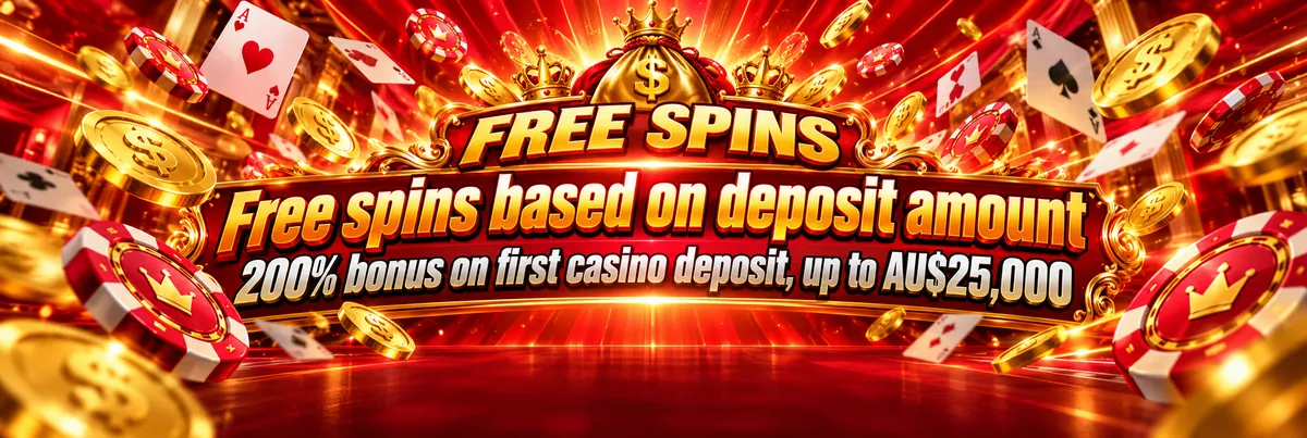 A crowned money-bag emblem above a bright free-spins sign, with a dramatic swirl of glossy cards, poker chips and spinning coins.