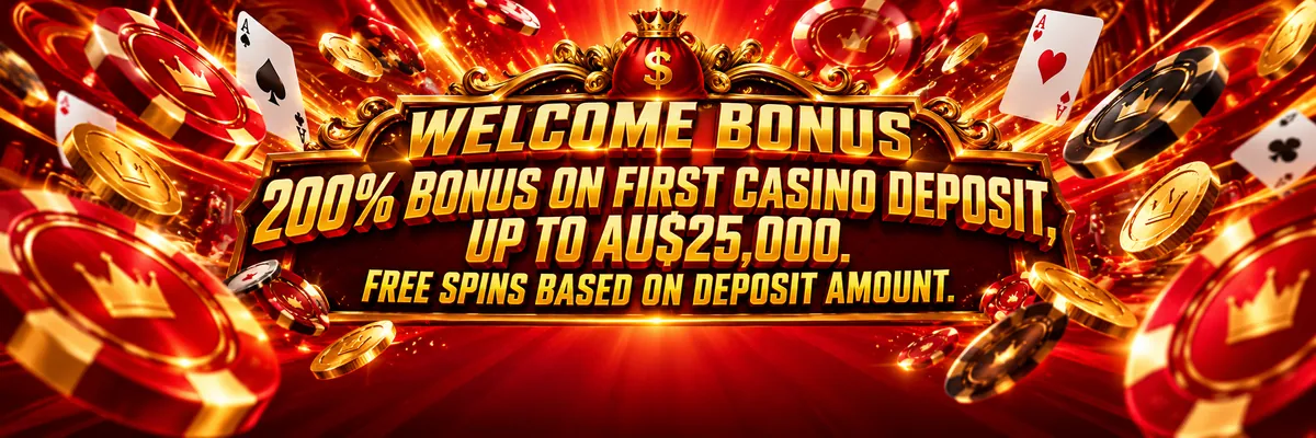 A glowing framed welcome sign beneath a crowned money-bag emblem, surrounded by flying poker chips, playing cards and spinning coins in vivid red and amber.